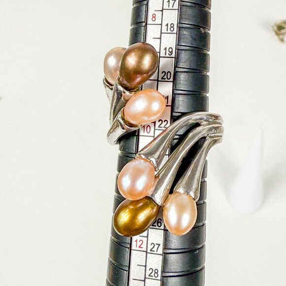 Artisan Sterling Silver Biomorphic Wrap Ring 6 Multicolor Pearls Size 10 - Picture 4 of 6
